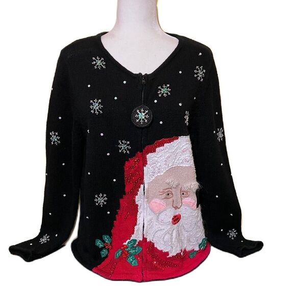 Holiday Sweater L Angora Zip Up VTG Santa Face and Snowflake Classic Elements - Picture 1 of 11